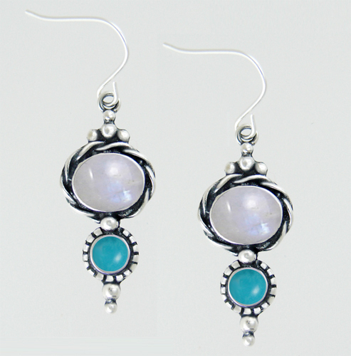 Sterling Silver Drop Dangle Earrings With Rainbow Moonstone And Turquoise